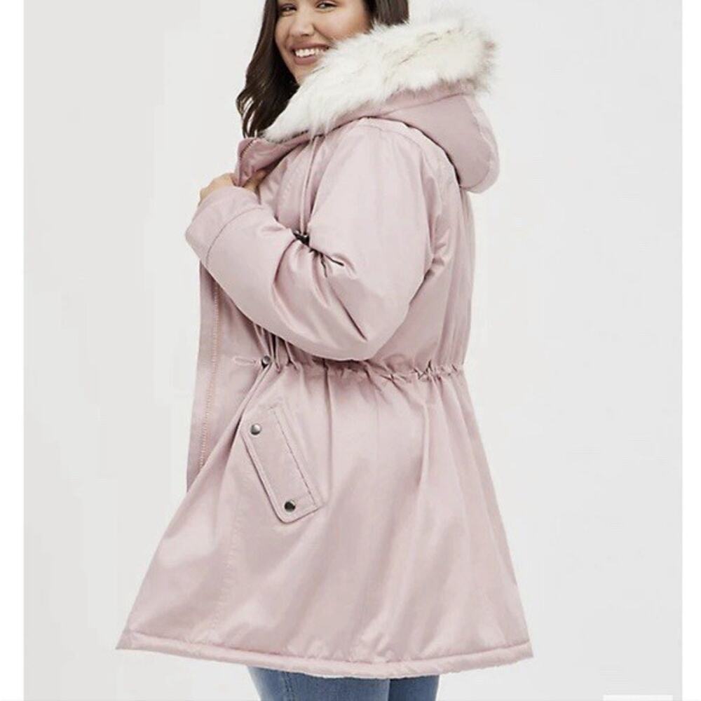 NWT Torrid Twill Faux Fur Trim Parka Pink 1X 14/16 Hooded Winter Coat Plus Cozy - Picture 11 of 11